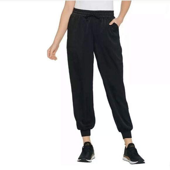 AnyBody Matte Satin Jogger Athletic Tapered Leg Tall Black Lounge Pants - Picture 1 of 6